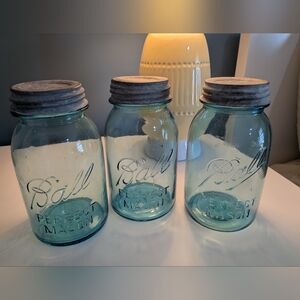3 Vintage Ball Perfect Mason Blue Quart Canning Jars Zinc Porcelain Lid 2, 9, 12
